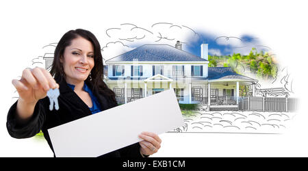 Hispanic Woman Holding Keys et vendu plus de signe Chambre Dessin et Photo Combinaison sur blanc. Banque D'Images