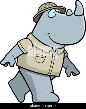 Une bonne caricature rhino explorer à pied et souriant. Illustration de Vecteur