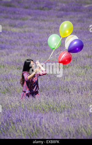 Lordington Lavender Farm, Lordington, Chichester, West Sussex, Royaume-Uni. 10 juillet 2015. Les visiteurs apprécient la lavande lors d'une journée portes ouvertes à la ferme de lavande de Lordington, lors d'une belle journée par temps chaud et ensoleillé. Jeune femme tenant des ballons marchant dans le champ de lavande. Crédit : Carolyn Jenkins/Alay Live News Banque D'Images