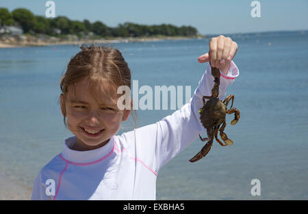 Petite fille tenant un crabe au bord de la mer. Long island USA Banque D'Images