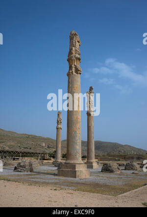 Ruines du palais Apadana construit par Darius le Grand, la province du Fars, Persepolis, Iran Banque D'Images