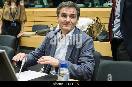 Bruxelles, Bxl, Belgique. 11 juillet, 2015. Le ministre grec des Finances Euklid Tsakalotos avant l'Eurogroupe, les ministres des finances de la zone euro, monnaie unique de l'UE réunion au siège à Bruxelles, Belgique Le 11.07.2015 Les ministres des Finances se rencontrent pour évaluer la demande d'un nouveau plan de sauvetage par Wiktor Dabkowski Wiktor Dabkowski/crédit : ZUMA Wire/Alamy Live News Banque D'Images