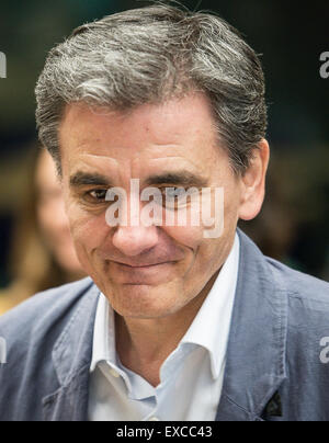 Bruxelles, Bxl, Belgique. 11 juillet, 2015. Le ministre grec des Finances Euklid Tsakalotos avant l'Eurogroupe, les ministres des finances de la zone euro, monnaie unique de l'UE réunion au siège à Bruxelles, Belgique Le 11.07.2015 Les ministres des Finances se rencontrent pour évaluer la demande d'un nouveau plan de sauvetage par Wiktor Dabkowski Wiktor Dabkowski/crédit : ZUMA Wire/Alamy Live News Banque D'Images