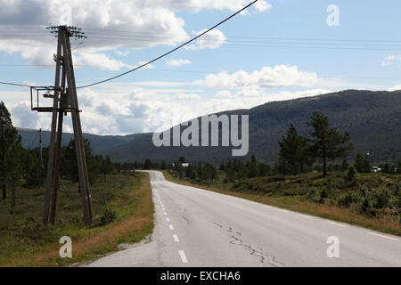 Route, lignes électriques et montagnes en Norvège Banque D'Images