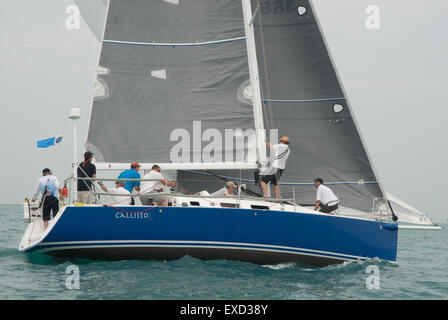 Chicago, Illinois, USA. 11 juillet, 2015. Le 12 juin 2015, la flotte de voiliers de la flotte après avoir quitté Chicago sur leur voyage à l'île Mackinac, MI. La course à Mackinac de Chicago est la plus longue course de l'eau douce dans le monde à 333 milles. Plus de 300 bateaux participent à cette course de longue date organisé par le Yacht Club de Chicago. La première course s'il y a 107 ans. La fin de Roy Disney détient le record de la traversée la plus rapide sur son bateau Pyewacket en 2002. Credit : Karen I. Hirsch/ZUMA/ZUMAPRESS.com/Alamy fil Live News Banque D'Images