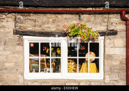 Village de Corfe dans le Dorset, en Angleterre. Dorset boutique calcaire détail. L'extérieur de l'avant boutique galerie, châssis de fenêtre en bois, avec des fleurs suspendues. Banque D'Images