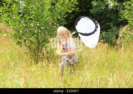 Shipley, Derbyshire, Royaume-Uni. 12 juillet 2015. Emily Taylor, 7, de Staff of Life, Derby chasse bugs dans les prairies à Shipley Country Park, Derbyshire à un insecte hunt dirigée par Derbyshire et Dorset Entomological Society. Credit : Deborah Vernon/Alamy Live News Banque D'Images