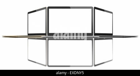 Le nouvel ordinateur portable plus fin et plus léger avec écran blanc. Isolé sur fond blanc. Banque D'Images