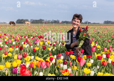 Femme heureuse avec bouquet de tulipes dans un grand champ de tulipes colorées Banque D'Images
