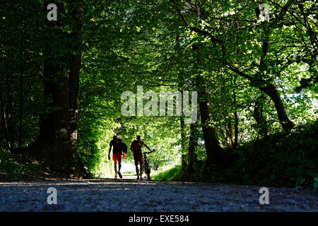 2 hommes marchant avec location sur chemin entouré d'arbres verts, Chiemgau, Upper Bavaria, Germany, Europe. Banque D'Images