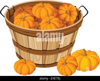 Panier en bois avec des citrouilles. Vector illustration. Illustration de Vecteur