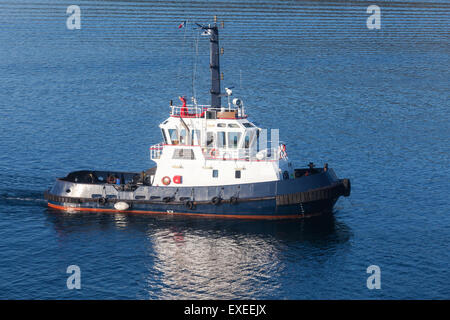 Tug boat avec superstructure blanc et bleu foncé coque en cours, side view Banque D'Images