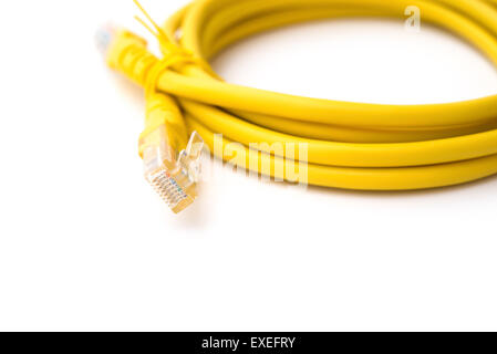 RJ45 jaune câble de connexion de réseau informatique sur white with clipping path Banque D'Images