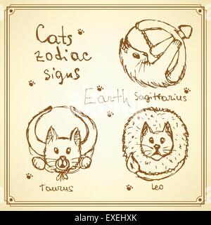 Les chats Sketch signes du zodiaque en vecteur de style vintage, symboles de la terre Illustration de Vecteur