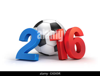 L'année 2016 illustrée par un ballon de foot classique, drapeau Français colorés, isolated on white Banque D'Images