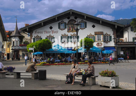 Hotel Alte Post, Oberammergau, art mural traditionnel bavarois, passion play ville, Haute-Bavière, Allemagne, Europe Banque D'Images