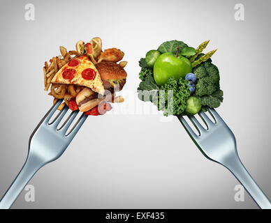 Lutte et régime alimentaire et nutrition concept décision dilemme choix entre la santé des bons fruits et légumes frais ou gras riches en cholestérol fast food avec dîner deux fourches en concurrence pour décider quoi manger. Banque D'Images