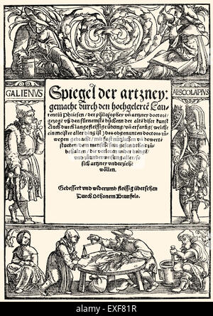 Page de titre d'un livre de produits pharmaceutiques, Spiegel der Artzney, par Laurentius Phries ou Phryese, 1529, Banque D'Images