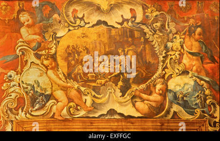 GRANADA, ESPAGNE - 29 MAI 2015 : la peinture baroque de la nativité parmi les anges dans la Basilique de San Juan de Dios par Diego Sanchez Banque D'Images