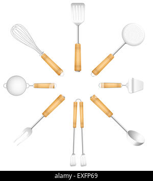 Outils de cuisine dans un cercle - skimmer, filtre, spatule, fourchette, tranche-fromage, pinces, tamis, fouetter. Banque D'Images