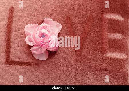 Velour est écrit sur le fond de l'amour avec des fleurs rose Banque D'Images