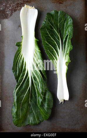 Deux feuilles de bok choy sur une plaque de métal utilisé. Format vertical vie encore.. Banque D'Images