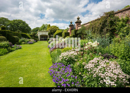 Célèbre double frontières à Arley Hall dans le Cheshire. Au début de l'été pleine de couleur. En regardant vers la tonnelle. Banque D'Images