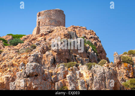 L'ancienne tour génoise de Capo Rosso, Corse, France Banque D'Images