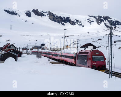 Train La gare de Finse, surface couverte de neige à la fin du printemps, la gare la plus élevée de fer sur Oslo-Bergen Banque D'Images