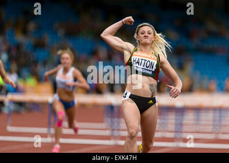 Lucy HATTON Women's 100m haies chaleur 1 2014 Championnats britanniques Sainsbury's Alexander Stadium Birmingham UK Banque D'Images