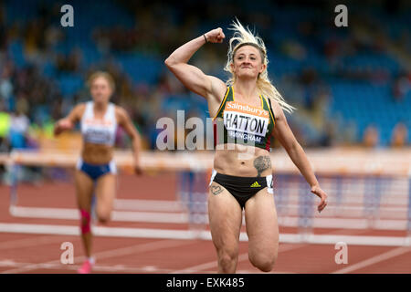 Lucy HATTON Women's 100m haies chaleur 1 2014 Championnats britanniques Sainsbury's Alexander Stadium Birmingham UK Banque D'Images