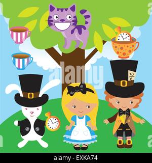 Alice au pays des merveilles,lapin,blanc,chat de Cheshire girl,blonde,mignon,funny, vector cartoon,,illustration Illustration de Vecteur