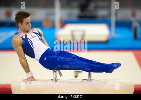 Toronto, Ontario, Canada. 14 juillet, 2015. SAM MIKULAK des États-Unis, a terminé sa routine sur le cheval d'arçons lors des Jeux panaméricains de Toronto. Mikulak, de Newport Beach, est devenu le premier Américain à remporter les Jeux Pan-américains men's chaque titre en 28 ans lundi à Toronto. © James Macdonald/ZUMA/Alamy Fil Live News Banque D'Images