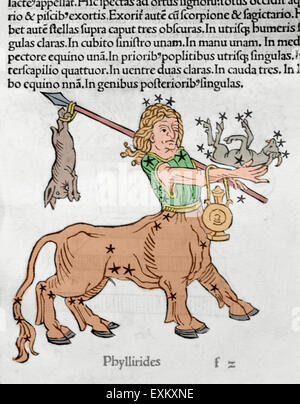 Constellation du Centaure. Phyllirides Centaur. La gravure à Poeticon Astronomicon, par Gaius Julius Hyginus (ca.64 avant J.-C.-17 APR. Édité à Venise, 1485. Des incunables. De couleur. Banque D'Images