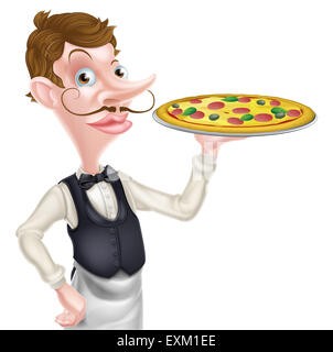 Une illustration d'une caricature waiter holding a pizza sur elle Banque D'Images