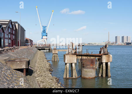 Quai avec les usines et grue dans le port de Rotterdam, Pays-Bas Banque D'Images