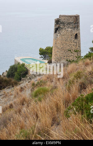 Guet côtière du 16ème siècle, avec piscine couverte, près de Alberquillas beach, Nerja. Le sud de l'Espagne. Banque D'Images