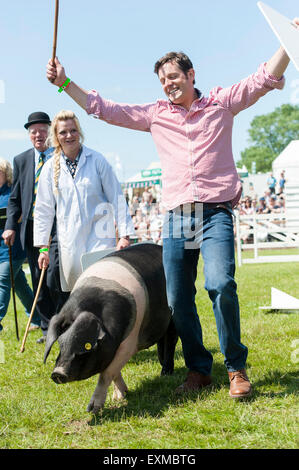 Harrogate, North Yorkshire, UK. 15 juillet, 2015. Matt Baker et Alex Jones concourent sur un parcours à obstacles pour les porcs un spectacle, à la grande Yorkshire Show. Credit : Wayne HUTCHINSON/Alamy Live News Banque D'Images