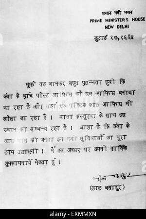 Le premier ministre par lettre Hindi Lal Bahadur Shastri 1964 Banque D'Images