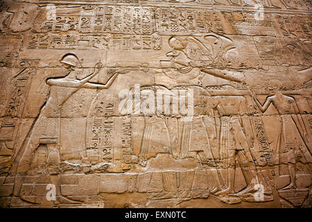 Sculptures antiques sur les colonnes à l'intérieur du temple de Karnak en Egypte. Banque D'Images