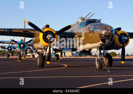 Un trio de bombardiers B-25 Mitchell sont alignés sur la rampe pendant le rassemblement 2010 Madera de Warbirds. Banque D'Images