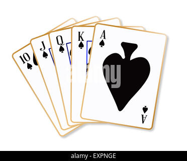 Cartes de jeu faire un ace spades flush over a white background Banque D'Images