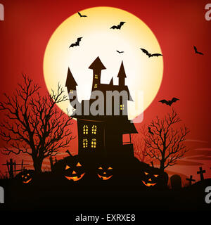 Illustration d'une maison hantée Spooky Halloween horreur vacances rouge intérieur Contexte Banque D'Images
