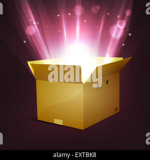 Illustration d'une boîte en carton avec dessin animé, pour les vacances de Noël ou d'anniversaire, avec des rayons de lumière magique lumineux passant Banque D'Images