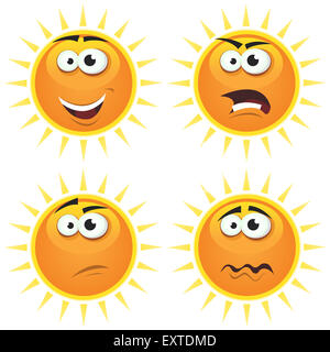 Illustration d'une série de cartoon funny symbole de soleil icônes caractères avec diverses émotions, heureux, en colère, triste et douteux Banque D'Images