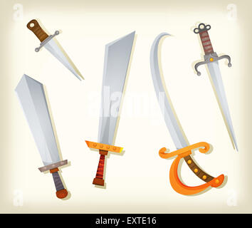 Illustration d'une série de dessin animé vintage épées, couteaux, sabre, sabre, et d'autres vieux équipements armes d'acier froid Banque D'Images