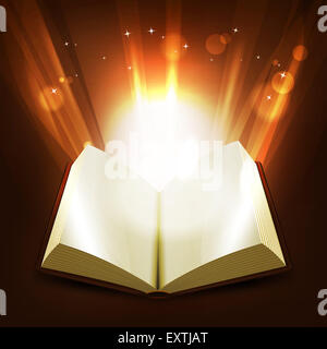 Illustration d'un livre ouvert avec les rayons de lumière et d'éclairage lumineux brillant magic les rayons de lumière passant de les pages Banque D'Images