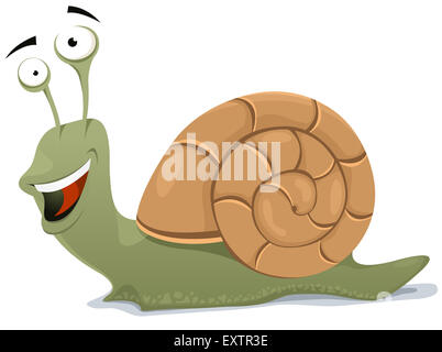 Illustration d'une joyeuse et amusante cartoon caractère escargot rampant et souriant avec son corps shell accueil Banque D'Images