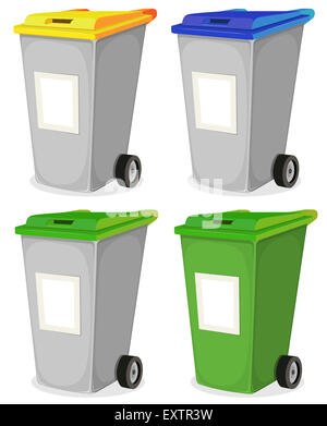 Illustration d'une collection de dessins poubelle recyclables pour les déchets ménagers le tri, en jaune, bleu et vert haut Banque D'Images