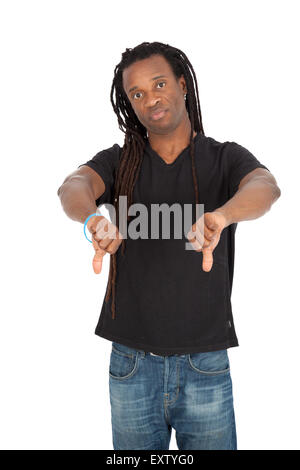 Bel homme avec des dreadlocks faisant différentes expressions dans différents ensembles de vêtements : vers le bas. Banque D'Images